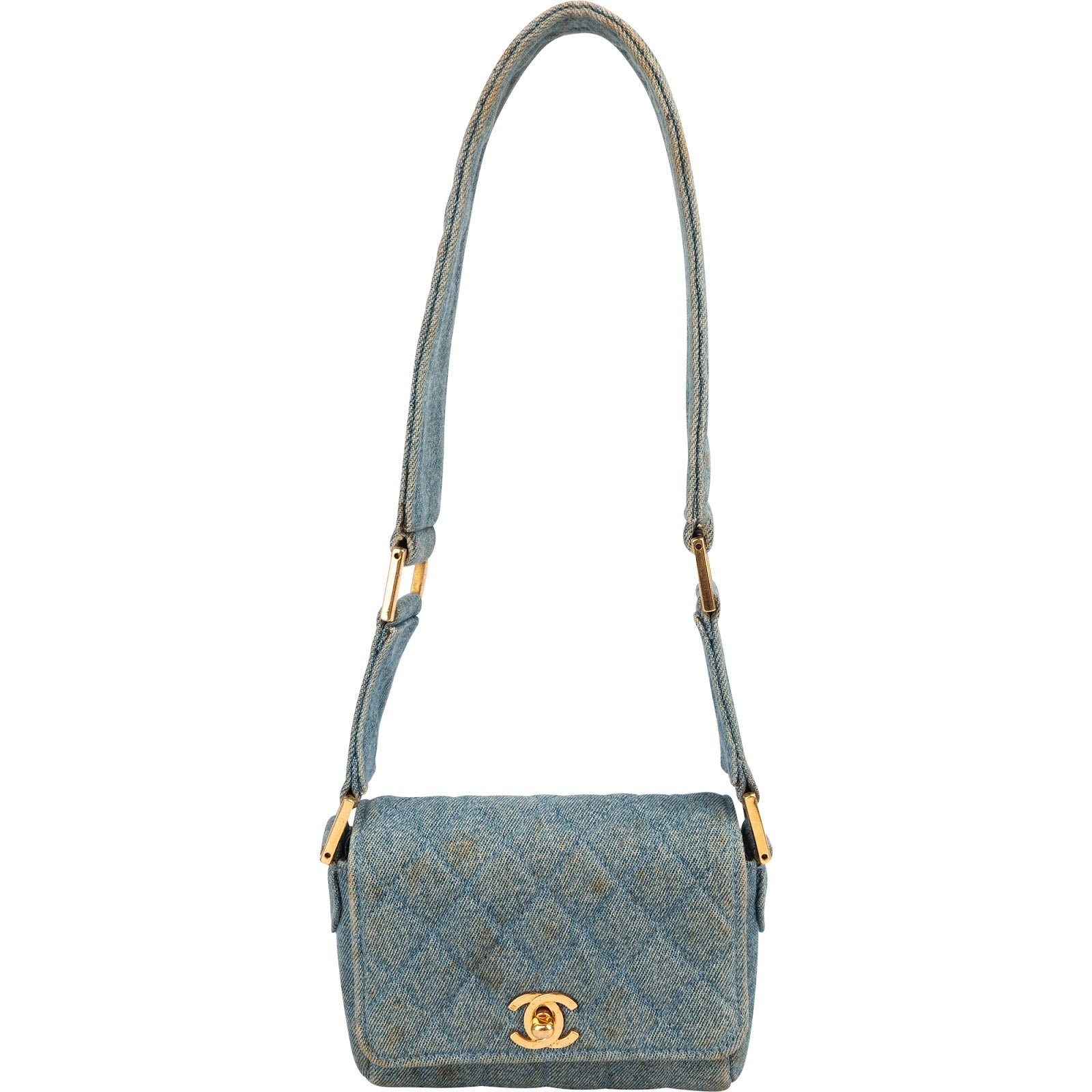 Chanel Iconic Quilted Denim 24K Gold Single Flap Runaway Shoulder Bag