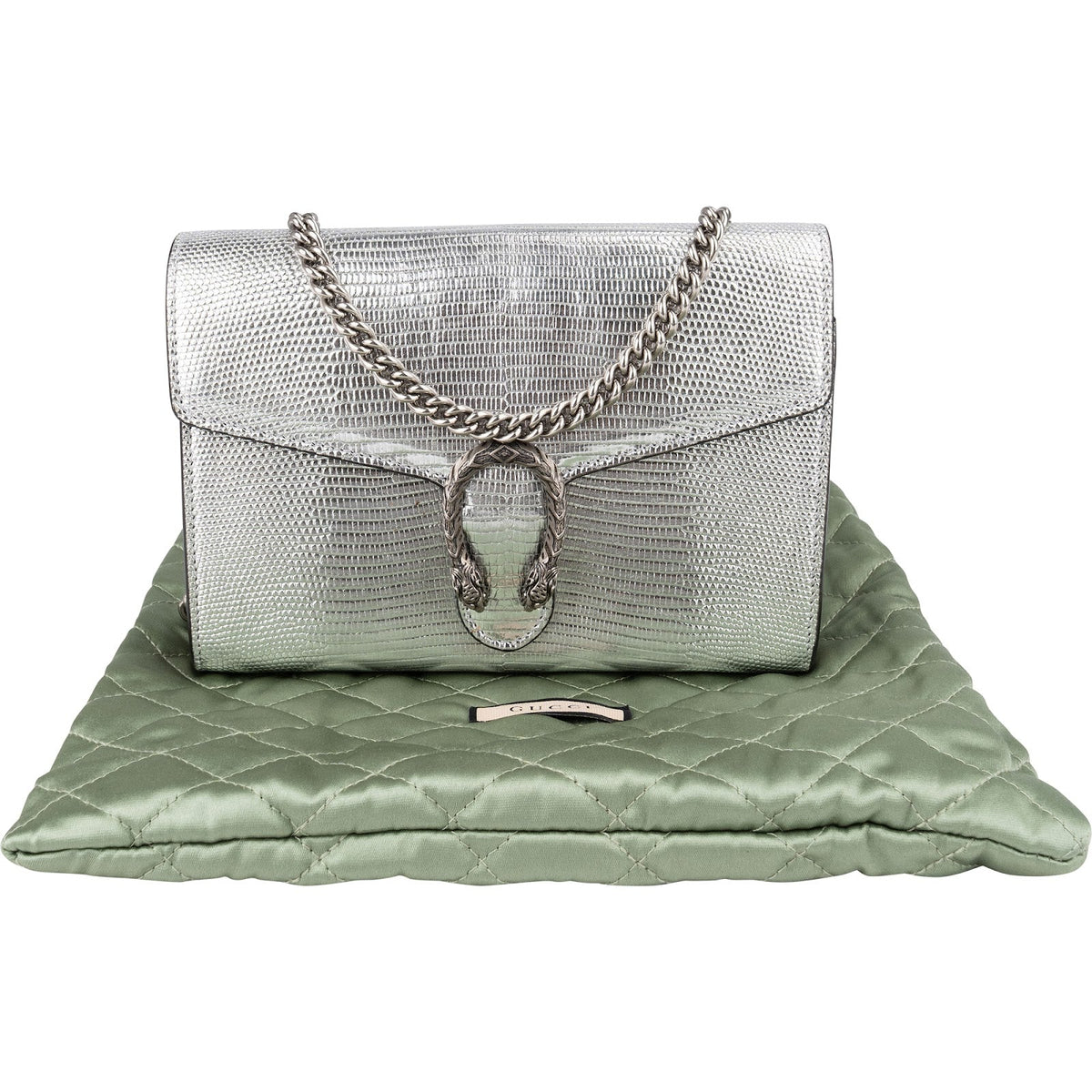 Gucci Lizard-Embossed Metallic Leather Dionysus Wallet On Chain Crossbody Bag