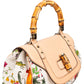 Gucci Rose Leather Flora Print Canvas Bamboo Top Handle Handbag