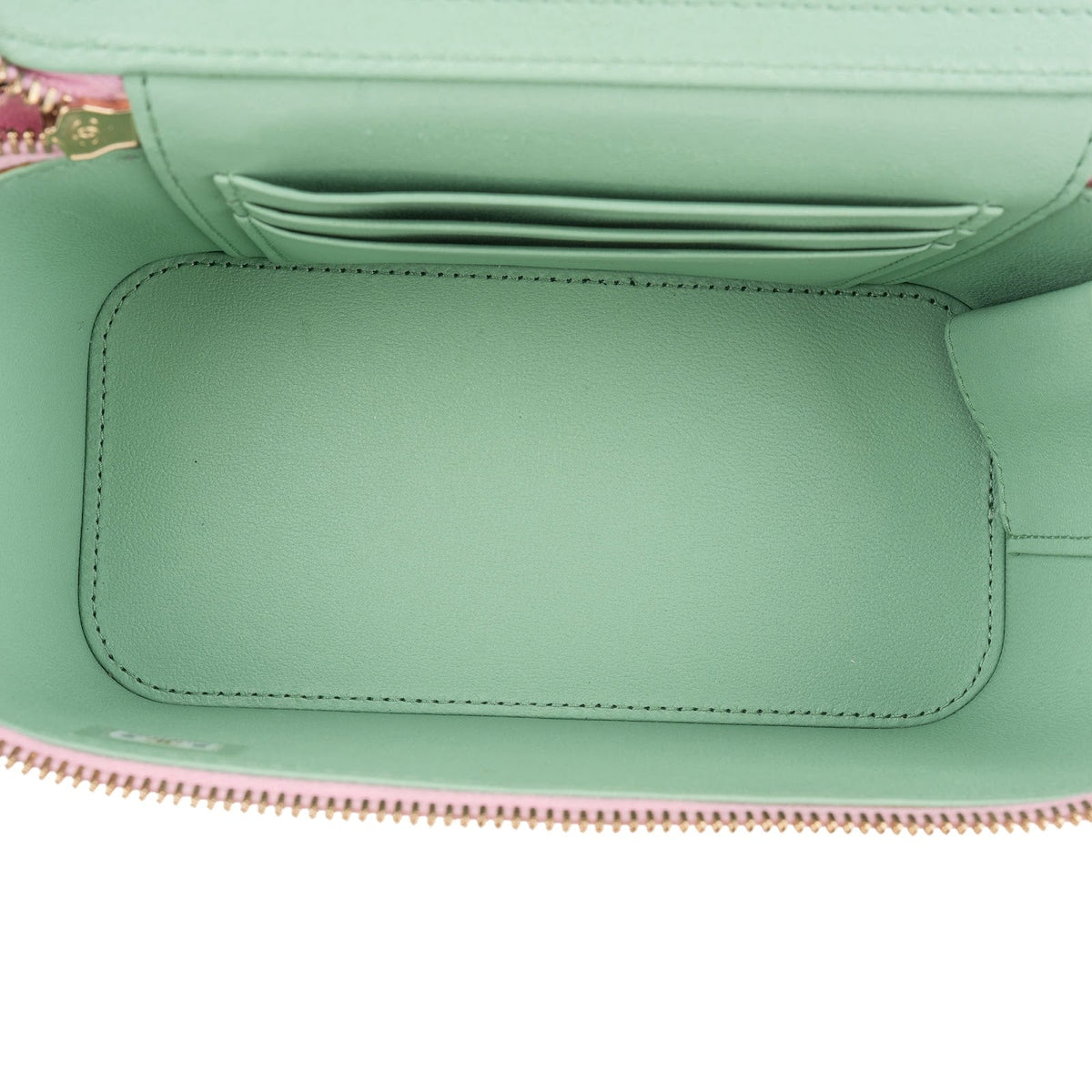 Chanel Pink Green Bicolor Quilted Lambskin Top Handle Vanity Case Crossbody Handbag