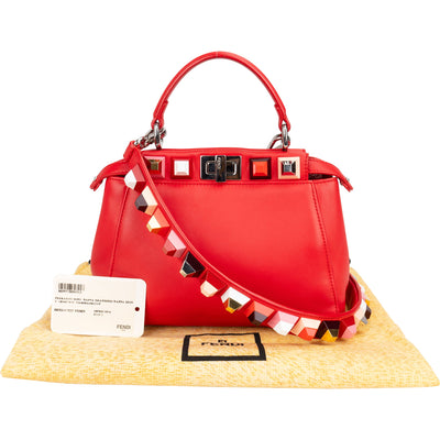 Fendi Red Leather Spikes Mini Peekaboo Handbag