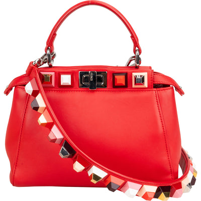 Fendi Red Leather Spikes Mini Peekaboo Handbag