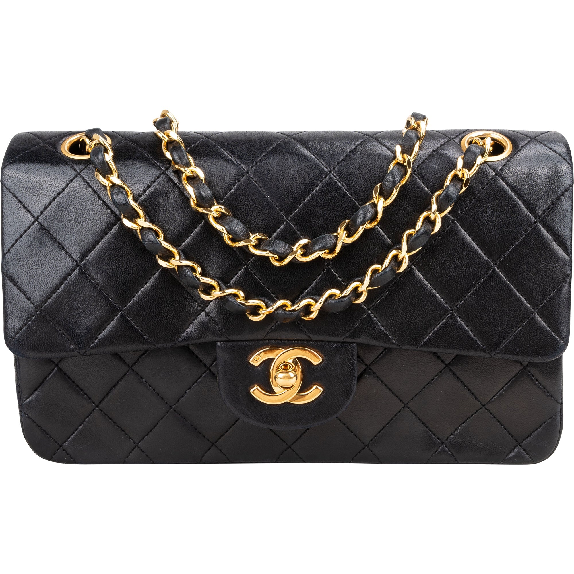 Chanel Quilted Lambskin 24K Gold Small Double Flap Crossbody Bag