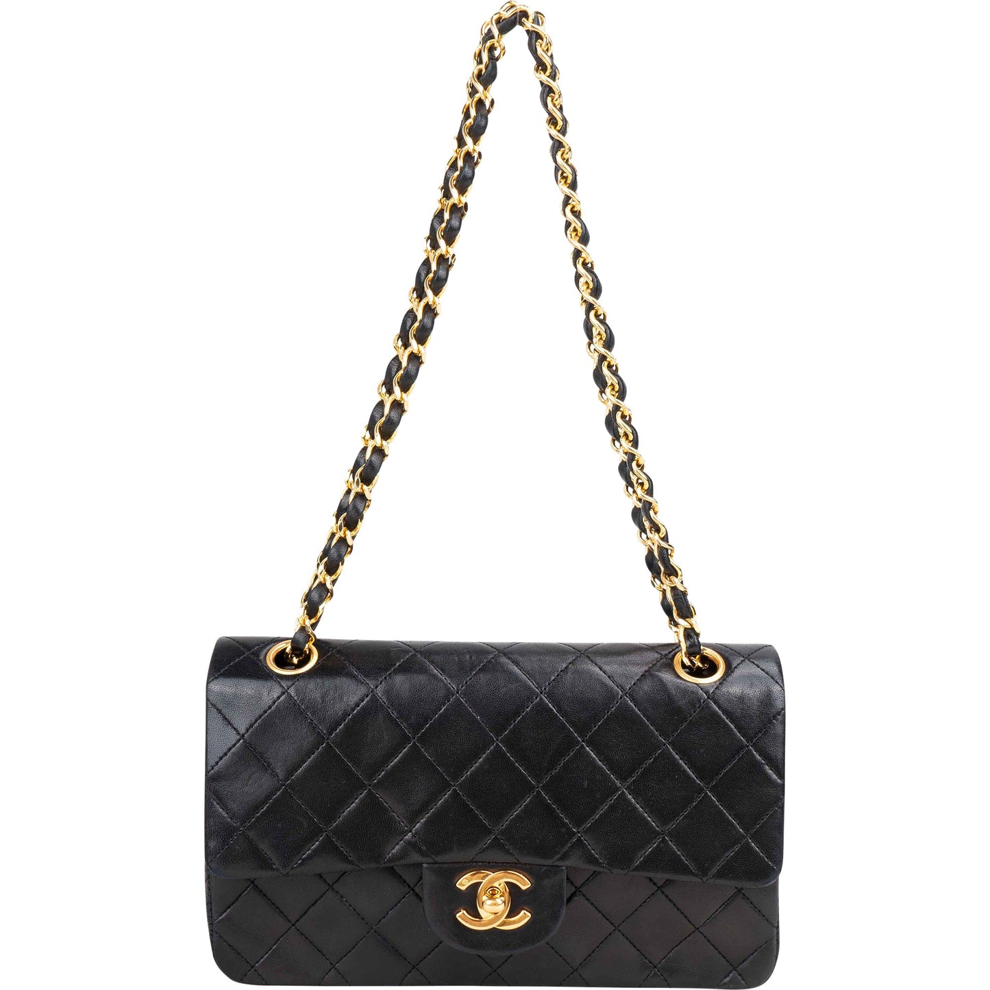 Chanel Quilted Lambskin 24K Gold Small Double Flap Crossbody Bag