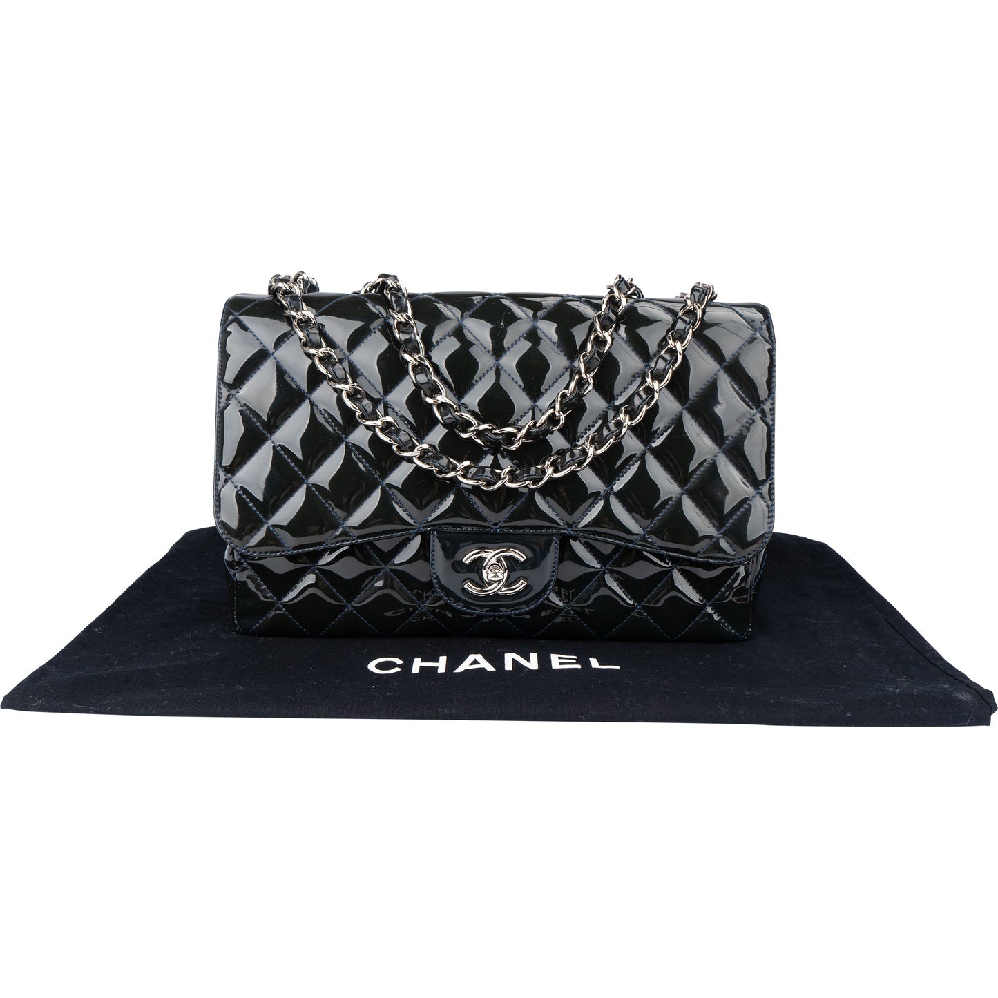 Chanel Quilted Patent Leather Palladium Jumbo Single Flap Crossbody Bag