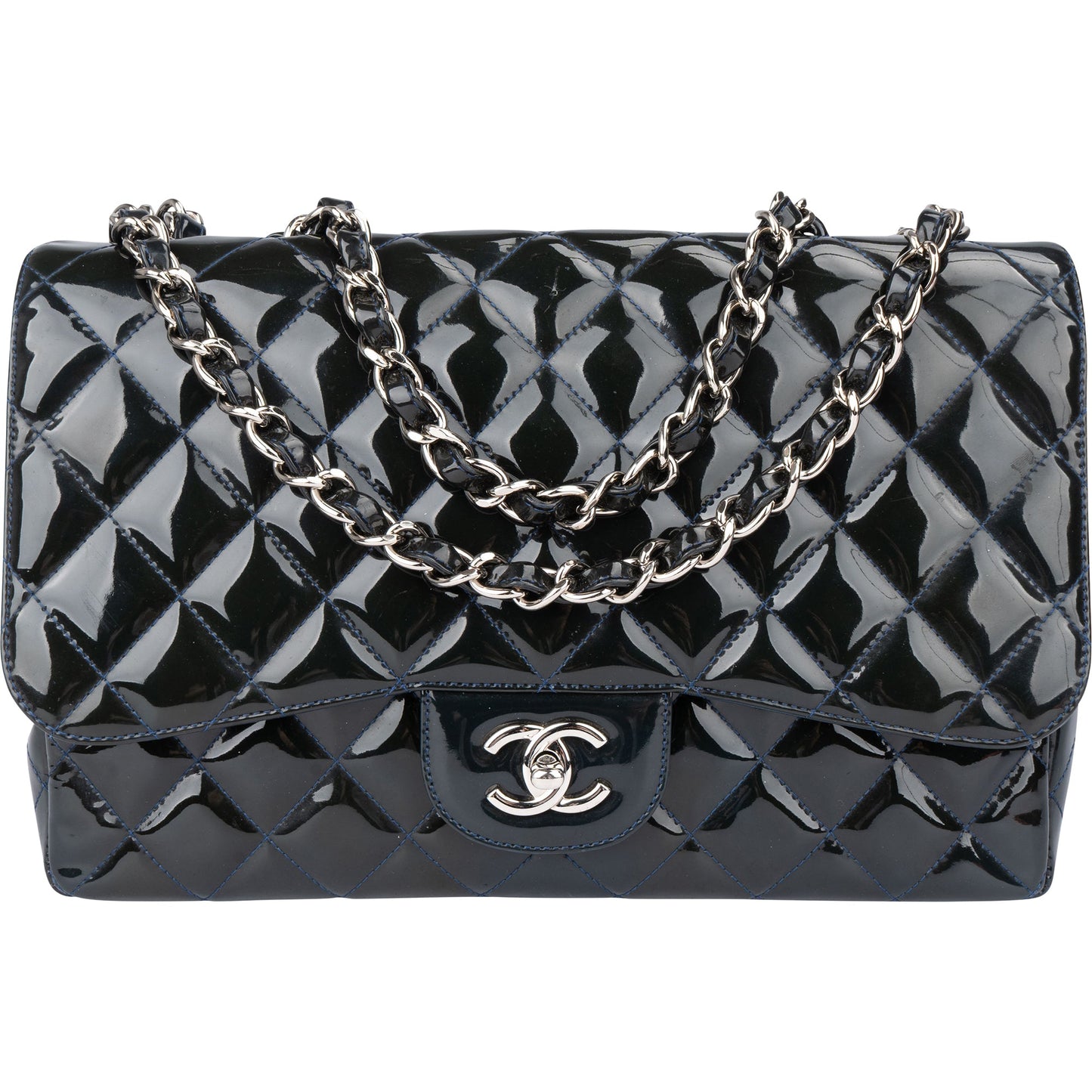 Chanel Quilted Patent Leather Palladium Jumbo Single Flap Crossbody Bag