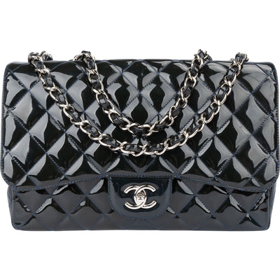 Chanel Quilted Patent Leather Palladium Jumbo Single Flap Crossbody Bag