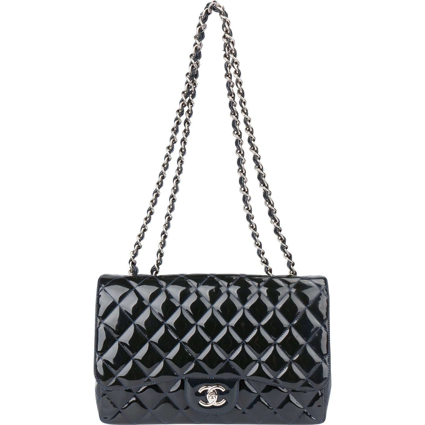 Chanel Quilted Patent Leather Palladium Jumbo Single Flap Crossbody Bag