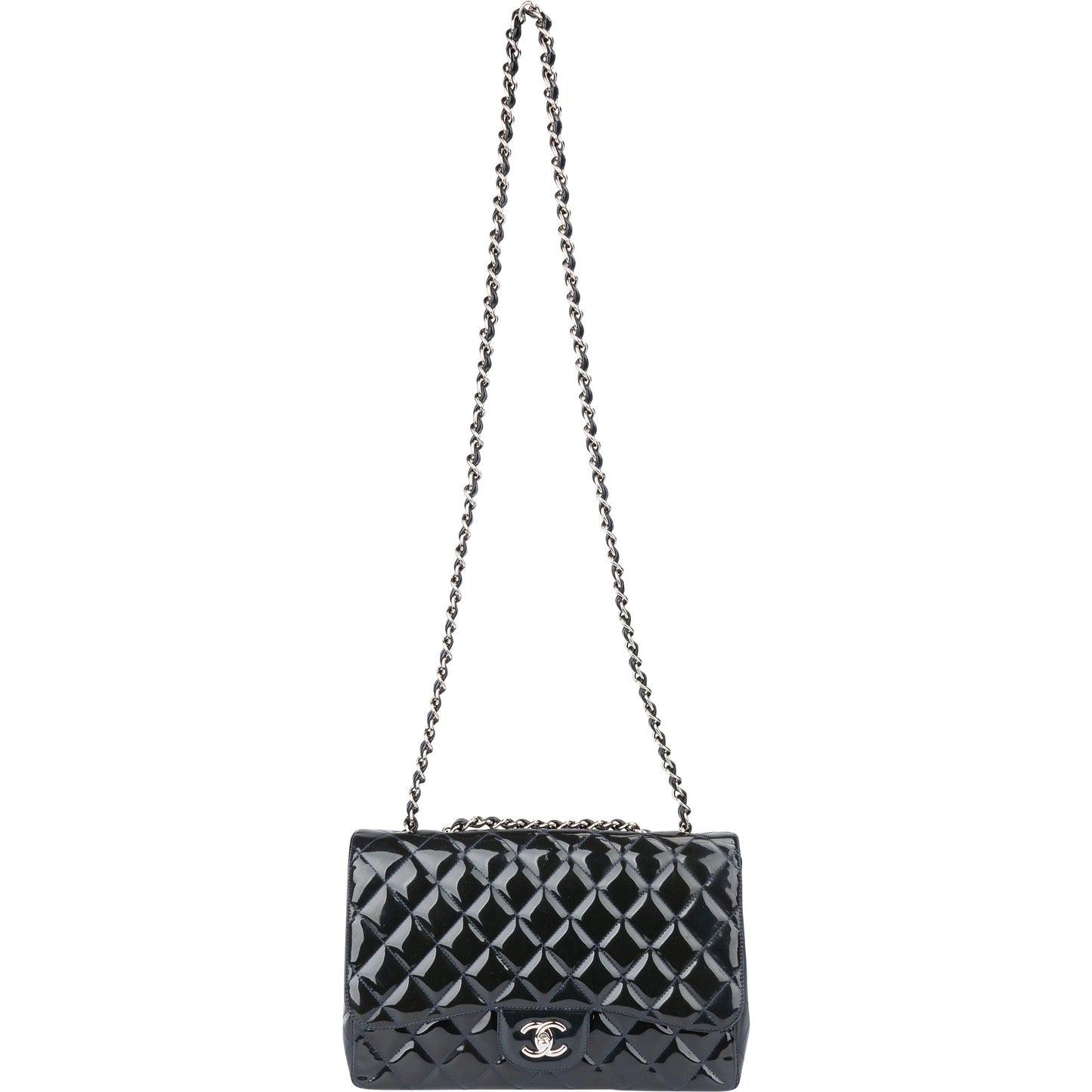 Chanel Quilted Patent Leather Palladium Jumbo Single Flap Crossbody Bag