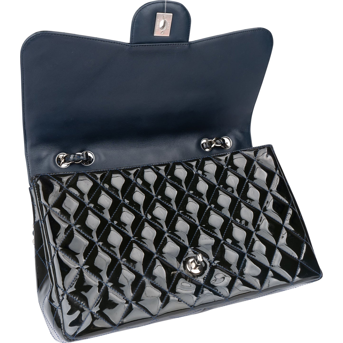 Chanel Quilted Patent Leather Palladium Jumbo Single Flap Crossbody Bag