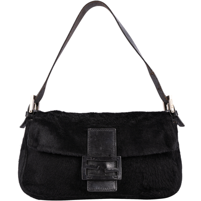 Fendi Black Fur Baguette Shoulder Bag
