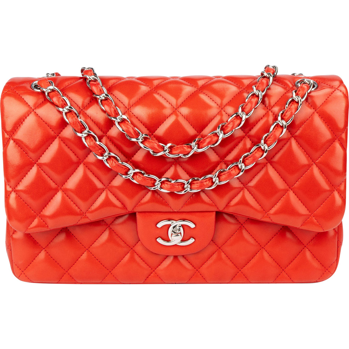 Chanel Quilted Lambskin Palladium Jumbo Double Flap Crossbody Bag