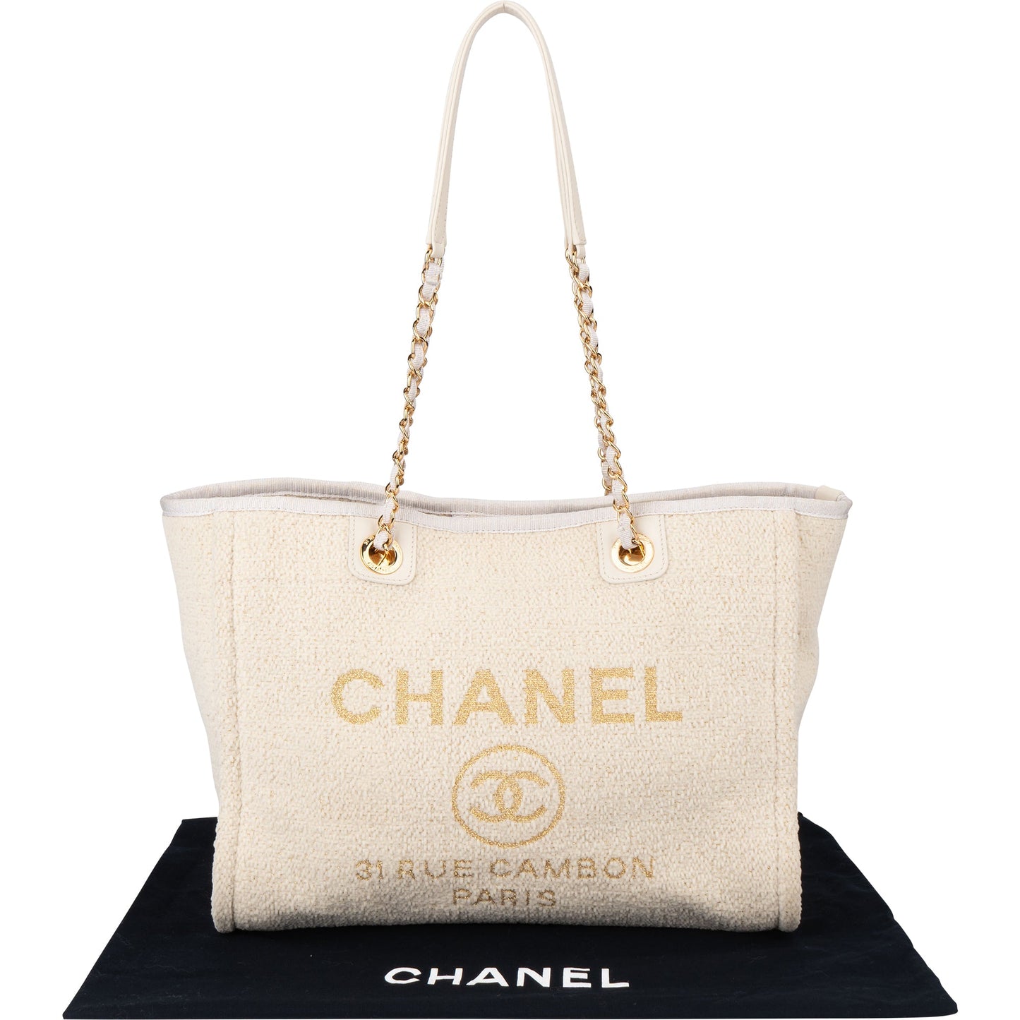 Chanel White Christmas Gold Tone Glitter Deauville Handbag