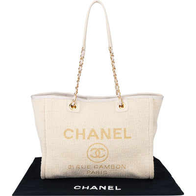 Chanel White Christmas Gold Tone Glitter Deauville Handbag