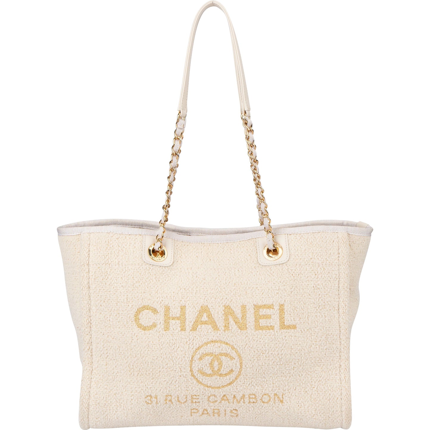 Chanel White Christmas Gold Tone Glitter Deauville Handbag