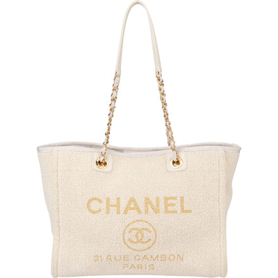 Chanel White Christmas Gold Tone Glitter Deauville Handbag