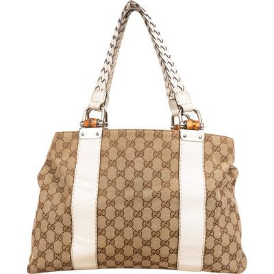 Gucci Monogram GG Canvas Leather Bamboo Woven Handle Shoulder Bag