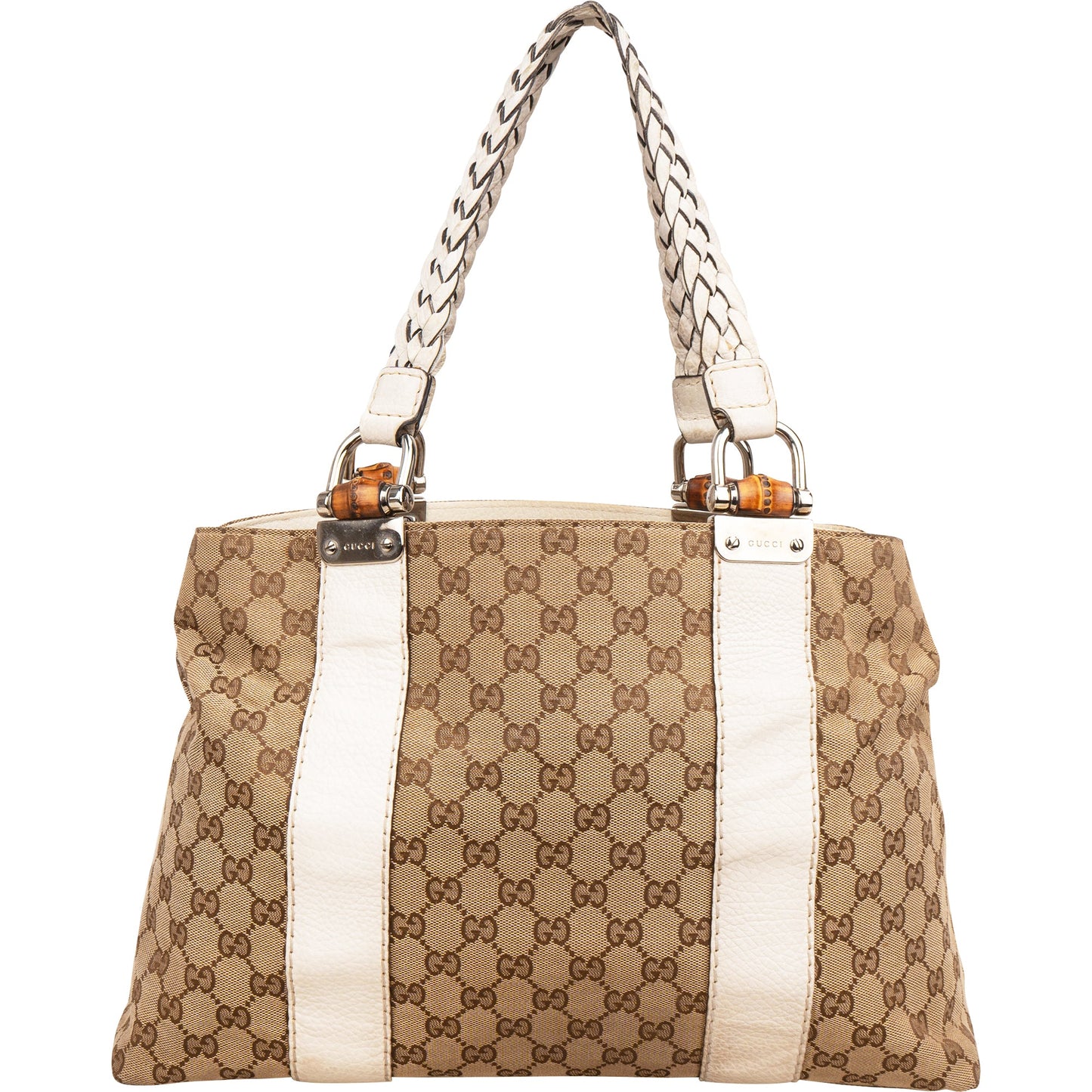 Gucci Monogram GG Canvas Leather Bamboo Woven Handle Shoulder Bag