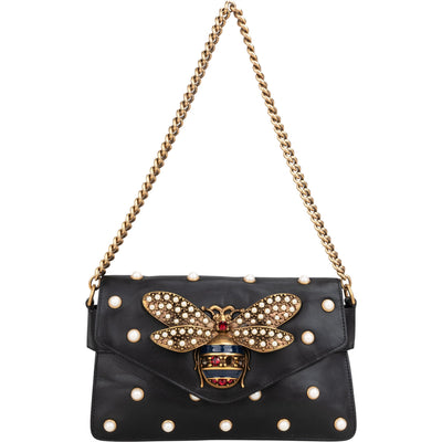 Gucci Black Leather Queen Margaret Bee Shoulder Bag