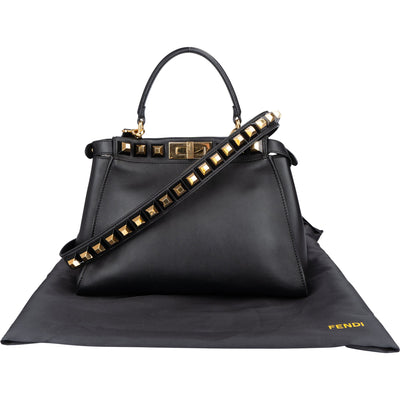 Fendi Noir Leather Gold Edition Spikes Peekaboo Handbag