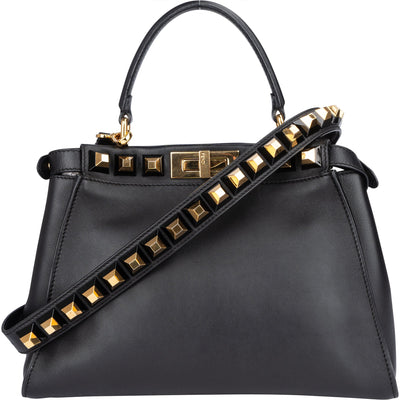 Fendi Noir Leather Gold Edition Spikes Peekaboo Handbag