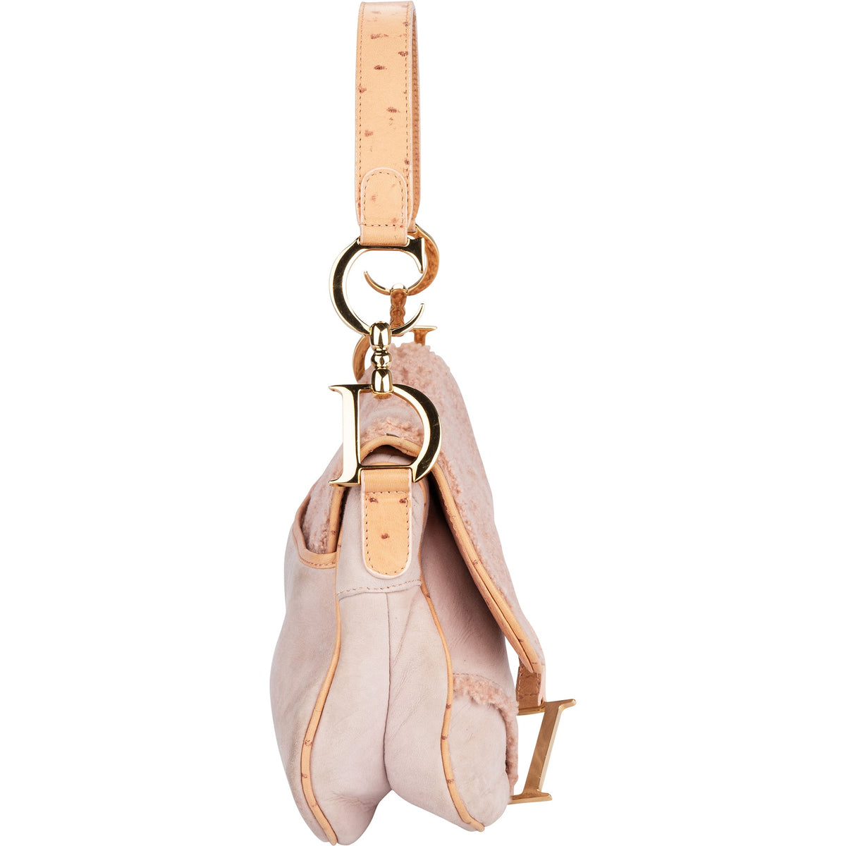 Christian Dior Pink Shearling Ostrich Saddle Handbag
