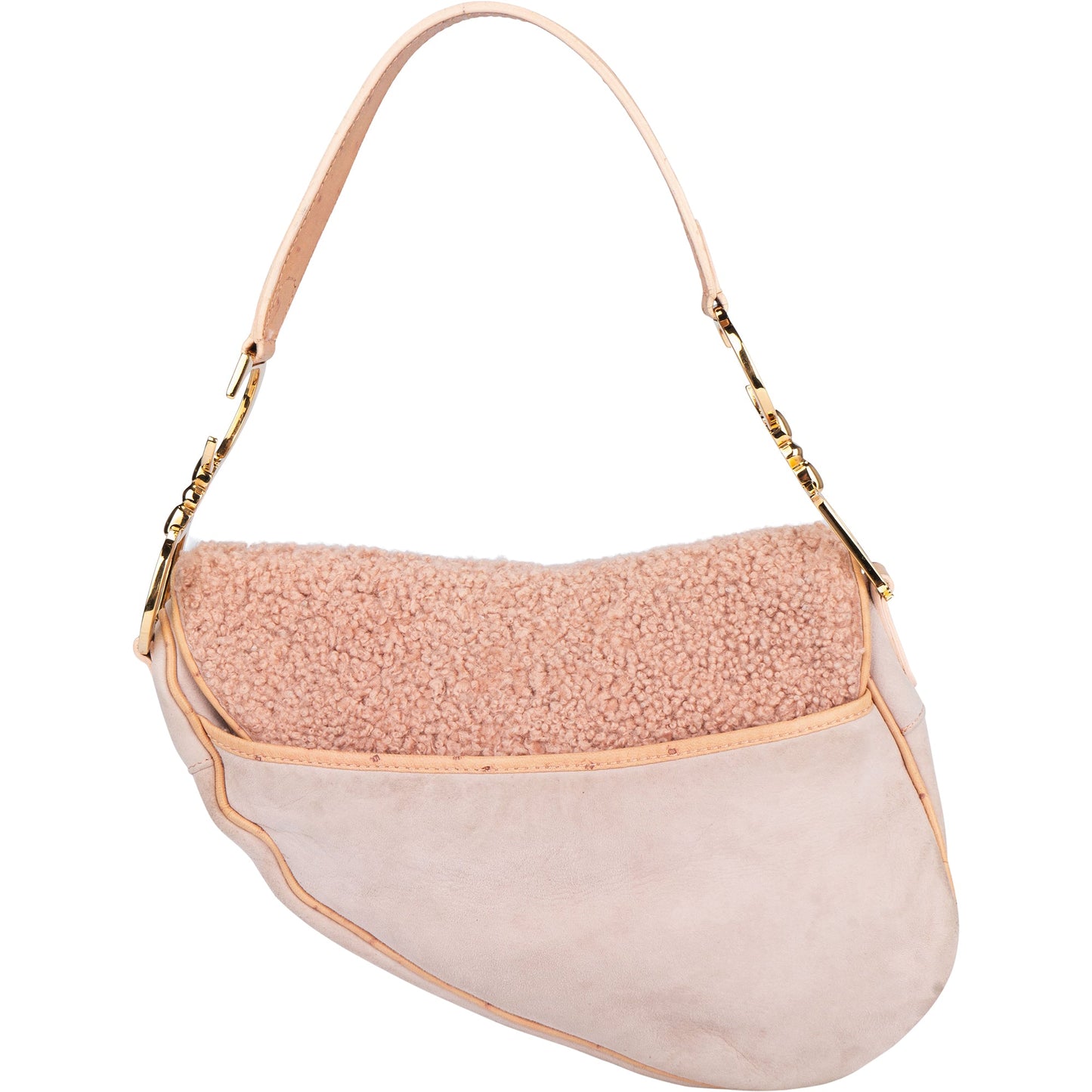 Christian Dior Pink Shearling Ostrich Saddle Handbag