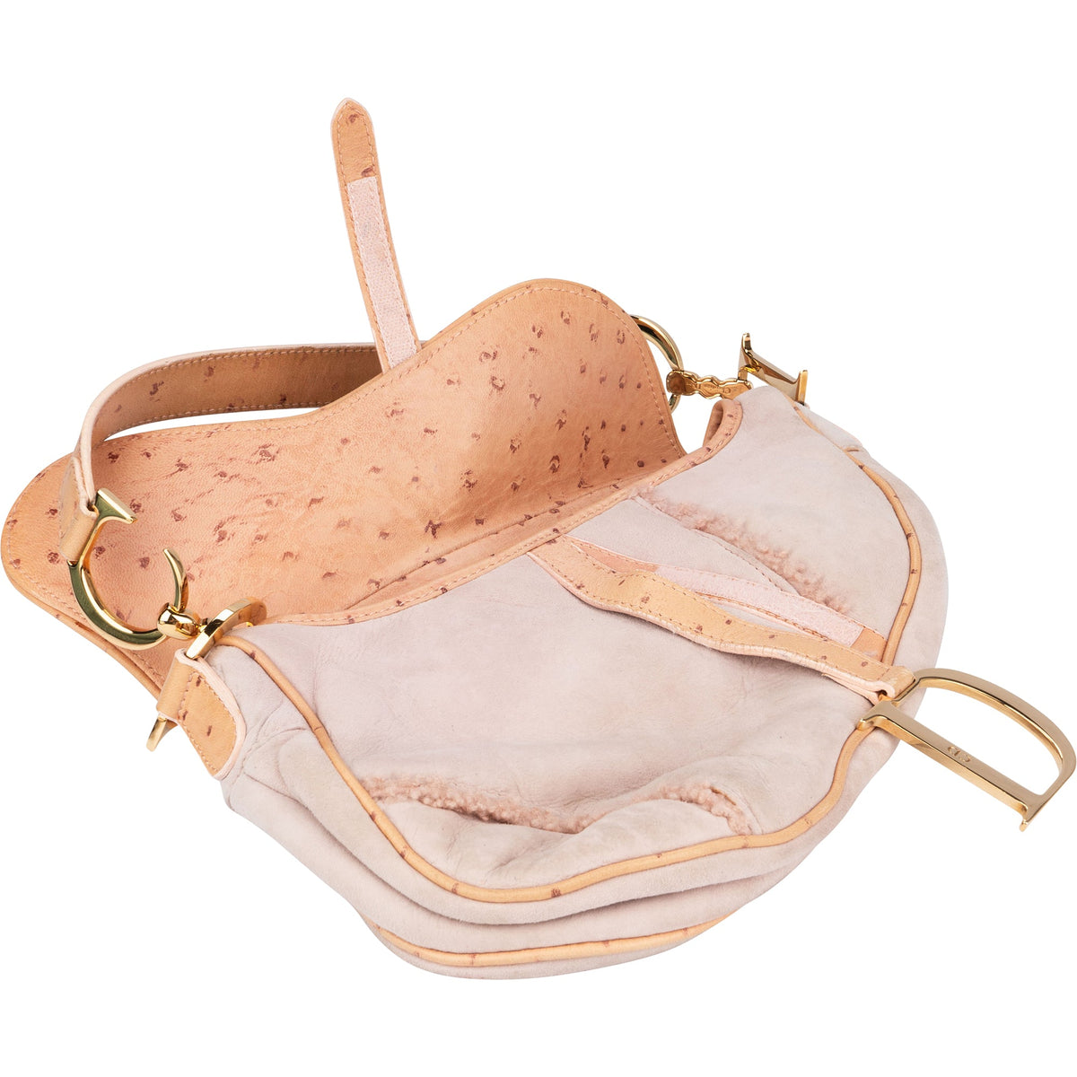 Christian Dior Pink Shearling Ostrich Saddle Handbag