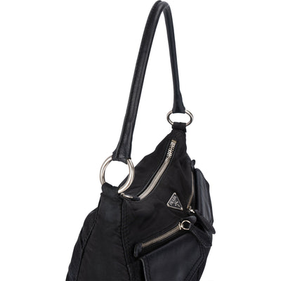 Prada Black Nylon Triangle Twin Pocket Shoulder Bag