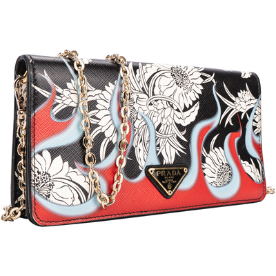 Prada – Umhängetasche mit Geldbörse und Kette in Flammen-Blumenoptik