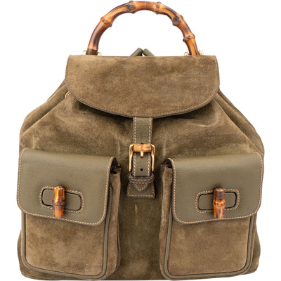 Gucci Suede Monogram Bamboo Backpack