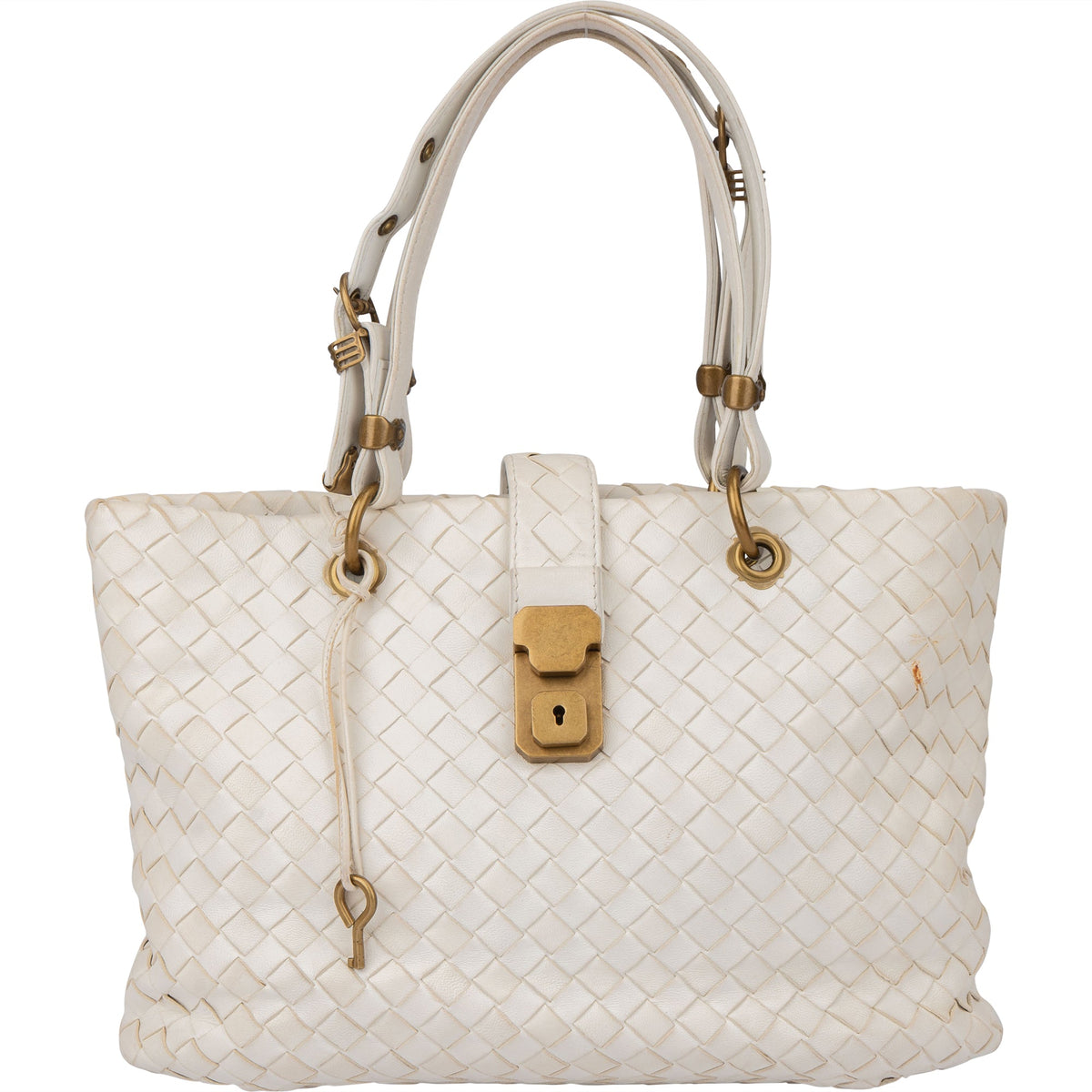 Bottega Veneta White Intrecciato Leather Lock Handbag