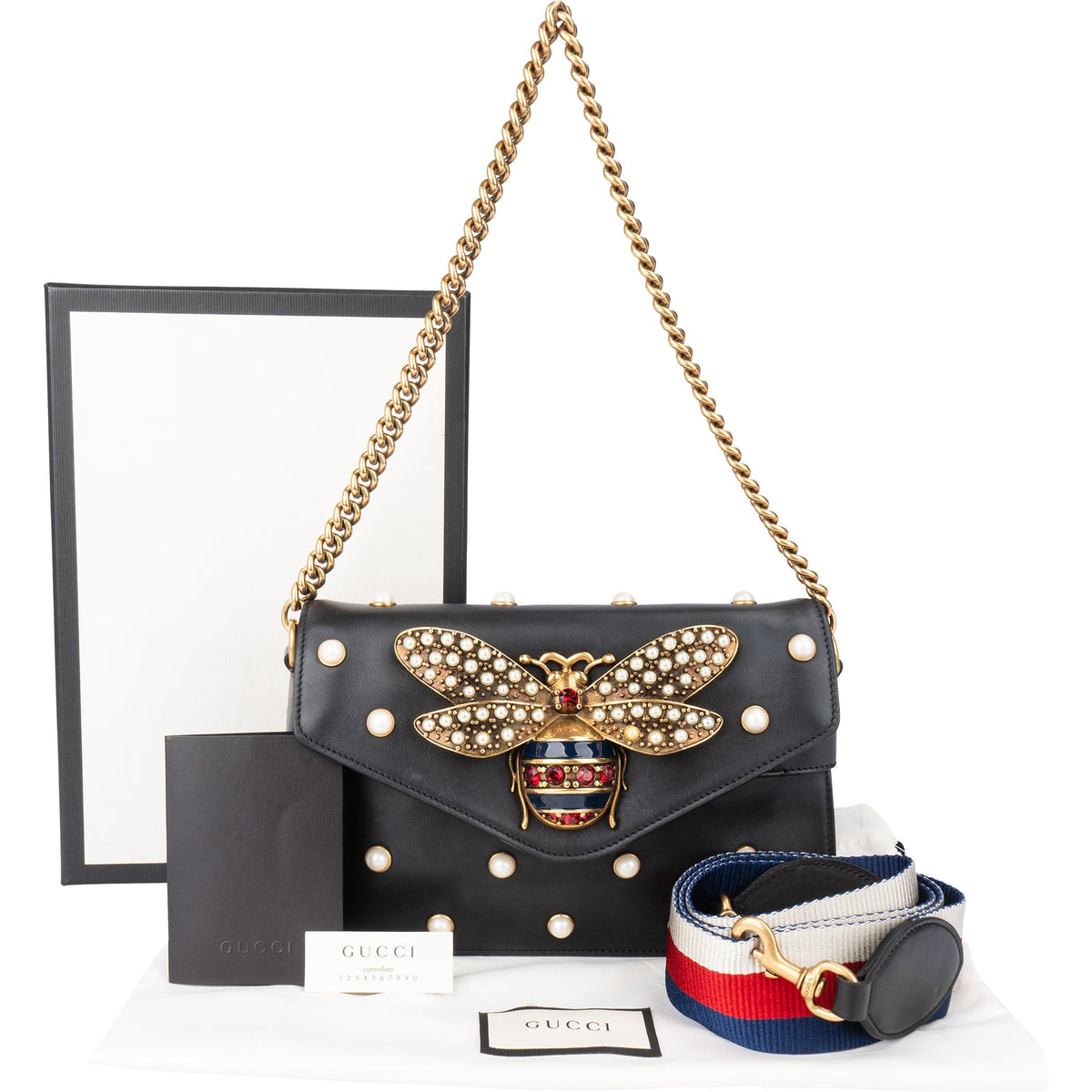 Gucci Black Leather Queen Margaret Bee Shoulder Bag