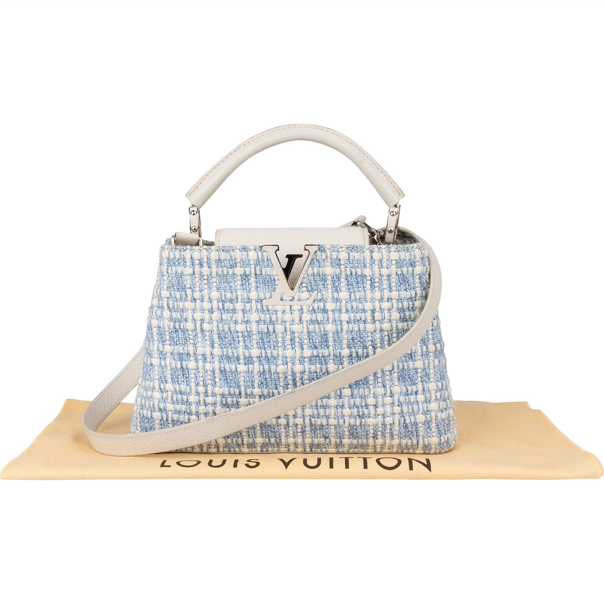 Louis Vuitton Bleu Blanco Tweed Capucines BB Handbag