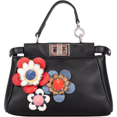 Fendi Black Leather Floral Mini Peekaboo Handbag