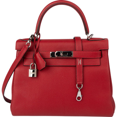 Hermès Rouge Taurillon Clemence Leather Kelly 28 Handbag