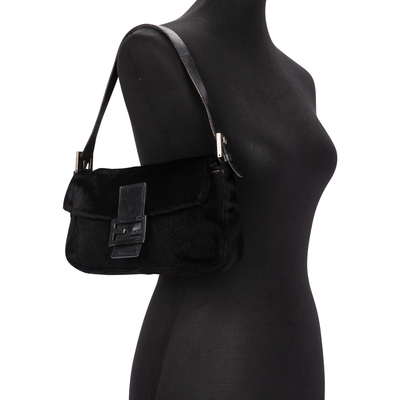 Fendi Black Fur Baguette Shoulder Bag