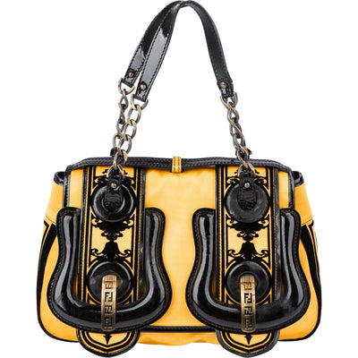 Fendi Yellow Velvet Satin & Patent Leather B. Handbag