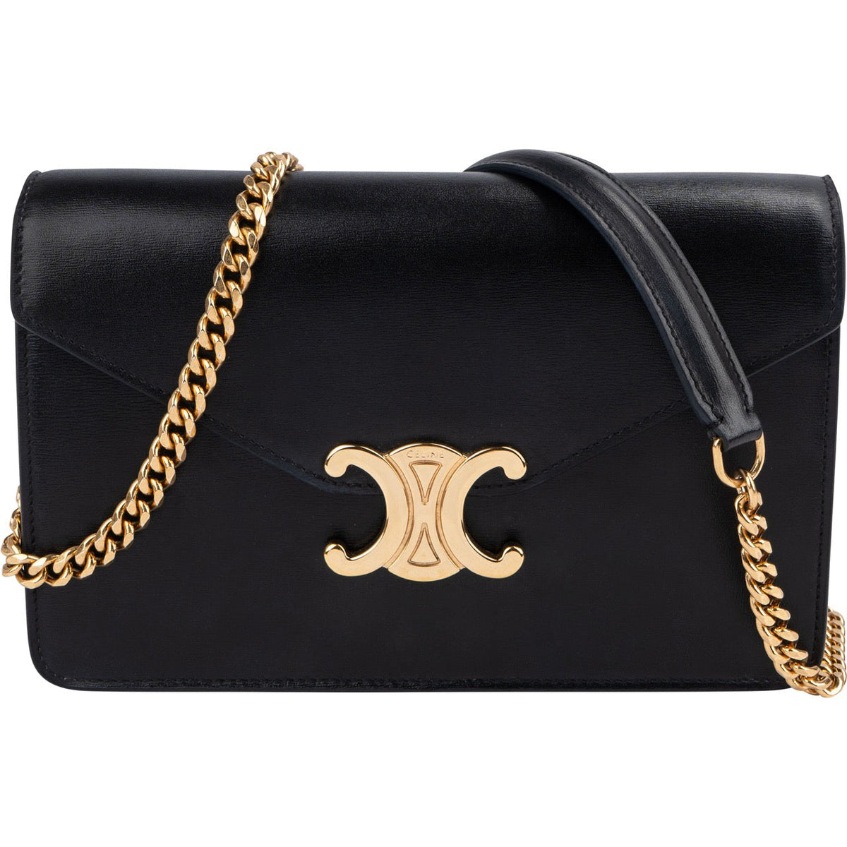 Celine Triomphe Wallet on Chain aus schwarzem Kalbsleder – Vorderansicht